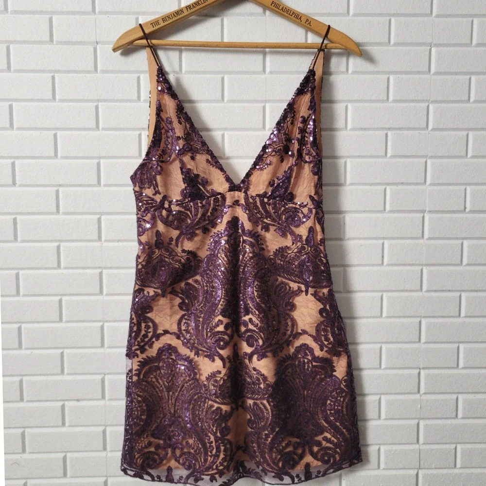 Free People Night Shimmers Mini Dress Sz 2 Purple Sequin Flapper Cocktail